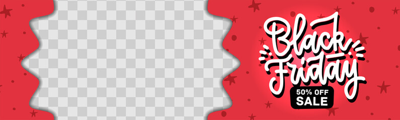 Obraz premium Creative Black Friday banner template with place for photo. Horizontal Red Sale Banner Cover. Place for image. Banner template for photographer. Vector illustration with hand drawn lettering.