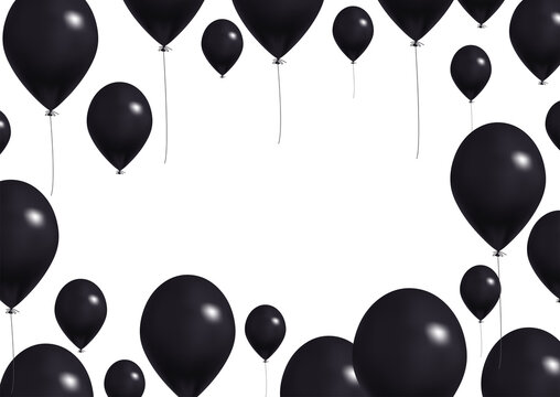 Big black balloons background concept. Realistic beautiful monochrome celebration card, flyer party template. Black ballons with frame rot text. Vector beautiful helium balons.