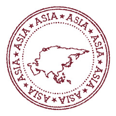 Asia round rubber stamp with continent map. Vintage red passport stamp with circular text and stars, vector illustration.