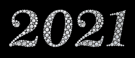 2021 Happy new year greeting banner. Diamond font. Diamonds numeral 2021 on the black background.