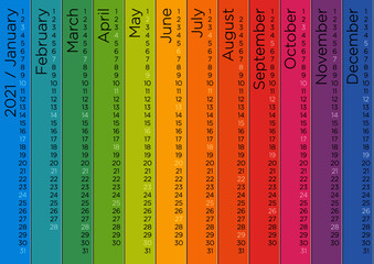 Creative rainbow linear calendar 2021, sundays holidays. Editable vector template for print design.