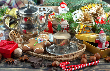 Merry Christmas, postcard with gifts and Christmas decorations.