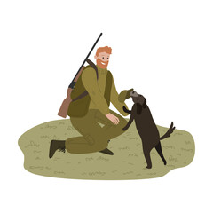 Man hunter sitting and playing with dog during hunting