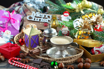 Merry Christmas, postcard with gifts and Christmas decorations.