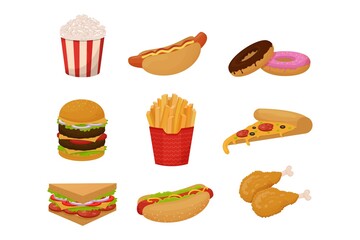Set of fast food icon, objects. Colorful detailed collection of meal isolated on white background in cartoon flat style.
