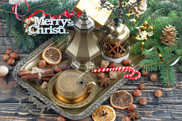 Merry Christmas, postcard with gifts and Christmas decorations.