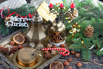 Merry Christmas, postcard with gifts and Christmas decorations.