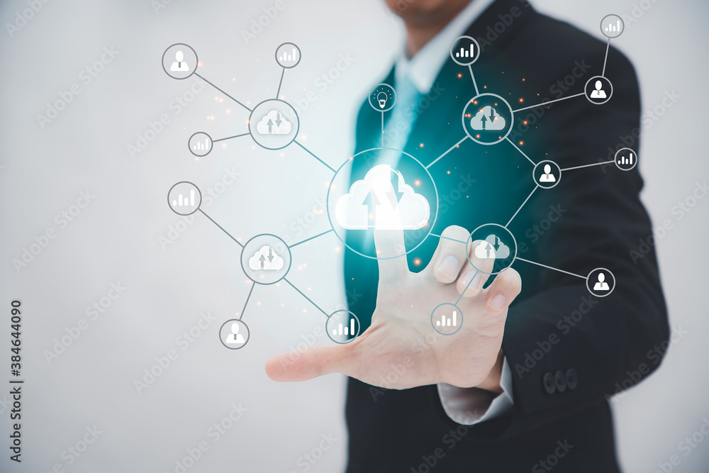 Poster business man holding connect to data information on the cloud icon computing network., backup storag