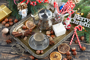 Merry Christmas and Happy New Year, postcard with gifts and Christmas decorations.