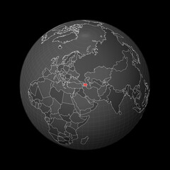 Dark globe centered to Azerbaijan. Country highlighted with red color on world map. Satellite world projection. Classy vector illustration.