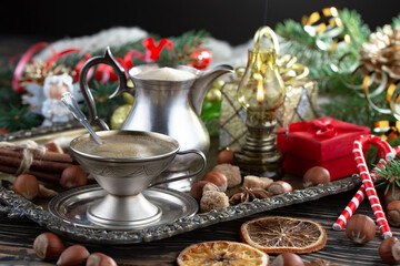 Merry Christmas, postcard with gifts and Christmas decorations.