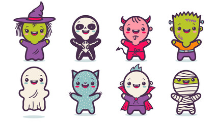 Vector Halloween monsters in kawaii style.