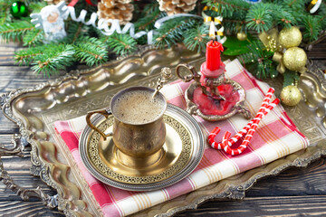 Merry Christmas, postcard with gifts and Christmas decorations.