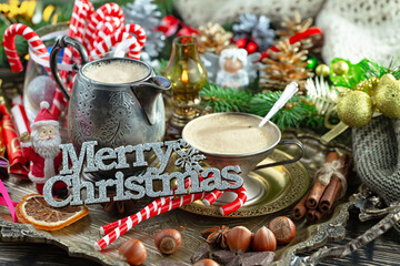 Merry Christmas, postcard with gifts and Christmas decorations.