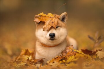 Japanese dog breed Shiba inu with an orange autumn foliage on its head. Soft background of an autumn Park (forest).