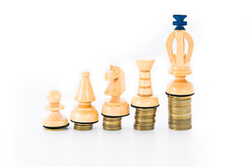 Coins in bars showing income growth. Professional success at work. Chess pieces set on money
