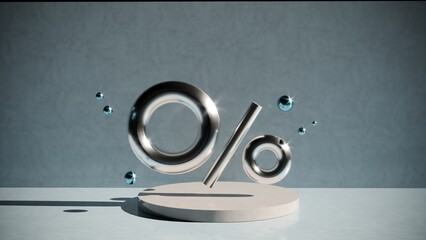 Discount sign for products presentation. Dark grey background, light podium, metallic circles in air. 3d render. 3d illustration