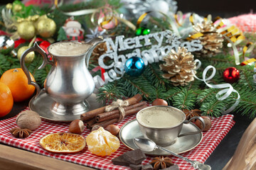 Merry Christmas and Happy New Year, postcard with gifts and Christmas decorations.