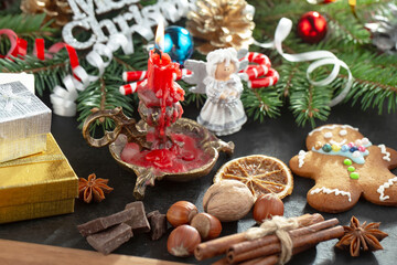 Merry Christmas, postcard with gifts and Christmas decorations.