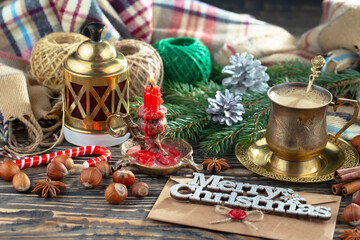 Merry Christmas, postcard with gifts and Christmas decorations.