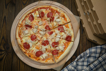 salami, ham, pizza, cheese, tomato, sausage, fast, food, dinner, pepperoni, italian, cuisine, mozzarella, vegetable, pepper, rustic, snack, baked, background, fastfood, closeup, mediterranean, meal, m