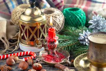 Merry Christmas, postcard with gifts and Christmas decorations.