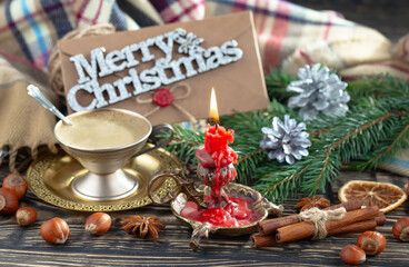 Merry Christmas and Happy New Year, postcard with gifts and Christmas decorations.