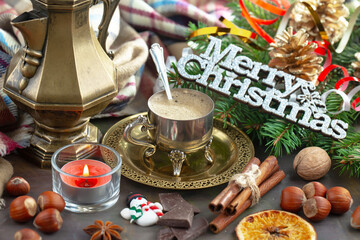 Merry Christmas, postcard with gifts and Christmas decorations.