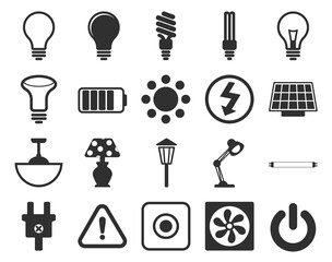 Electricity icons set. Set of light bulbs, lamp, socket, electric plug, socket, switch, extension cord, fluorescent lamp and starter, electrification vector icons isolated on white background