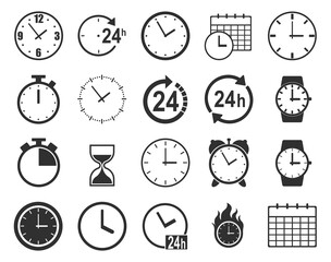 Simple Set of Time Related Vector Line Icons. Contains such Icons as Timer, Speed, Alarm, Restore, Time Management, Calendar and more.  