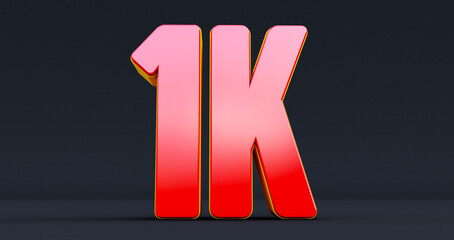One thousand. 1K red sign  on black background.. Thank you 1k Followers design.3d render