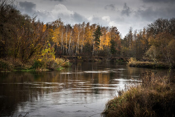 River in dark forest. Autumn landscape.