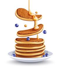 Pancakes with blueberries on the plate. Traditional sweet american breakfast with berries, Isolated on white background, Maple syrup flows at falling pancakes. Illustration.