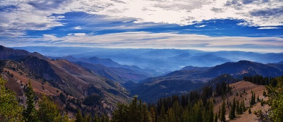 Heber and Midway rural city views from Sunset Peak hiking trail on Great Western Trail in Rocky...