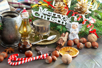 Merry Christmas and Happy New Year, postcard with gifts and Christmas decorations.