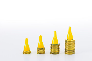 Coins in bars showing income growth. Professional success at work. Chess pieces set on money