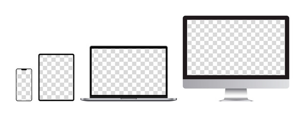 Realistic set of Monitor, laptop, tablet, smartphone on transparent background. Mockup set of device. Vector
