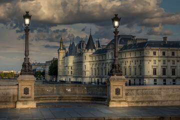 Paris, France - August 28, 2020: View of  Conciergerie palace at night in Paris