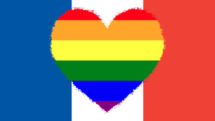 Flag of France with a large decorative heart in colors of the Rainbow flag (LGBT movement) in the middle