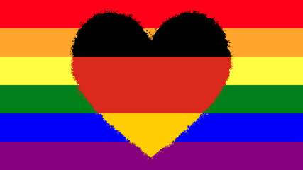 Rainbow gay flag (LGBT movement) with a large decorative heart in colors of the Flag of Germany in the middle