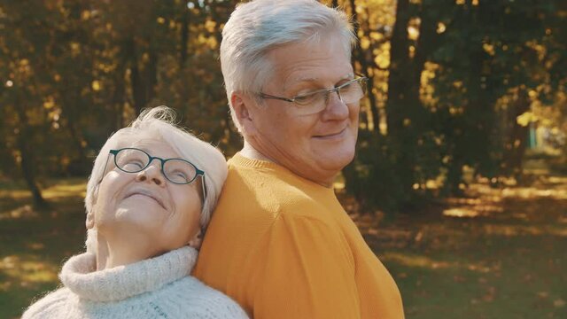 Love and affection at old age. Retired couple enjoying autumn day in forest. High quality 4k footage