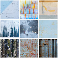 A set of textures. The collection includes: cracked fabric, modern facade, concrete wall, icicles, snow-covered street, rusty metal, wooden boards with peeling paint. Perfect for background and design