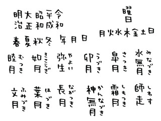 手書き文字：元号・曜日・陰暦・季節の名前セット