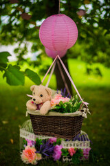 street decorations for a children's party. A basket with a teddy bear in a air balloon in a green park