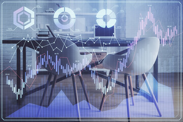 Multi exposure of financial graph drawing and office interior background. Concept of market analysis.
