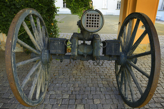 Old bronze Mitrailleuse - French machine gun model 1867, caliber 13 mm, range 3000 m, 125 rounds in 1 minute