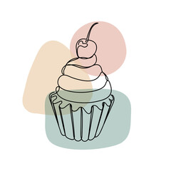 Cupcake with a cherry in a hand drawn linear style with colorful abstract stains. Isolated on white.