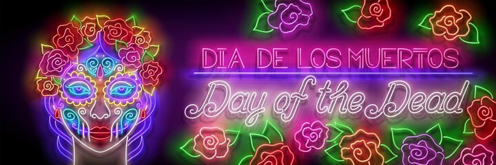 Dia de Los Muertos Greeting Card Template with Catrina Calavera. Day of the Dead Holiday. Shiny Neon Poster, Flyer, Banner, Postcard, Invitation. Glossy Background. Vector 3d Illustration
