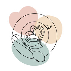 Cup of coffee with a heart shape in a hand drawn linear style with colorful abstract stains. Isolated on white.