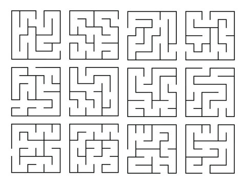 Big set of education logic game. Find right way. Labyrinth, conundrum for kids. Collection of twelve simple square mazes with black line on white background. Vector illustration.
